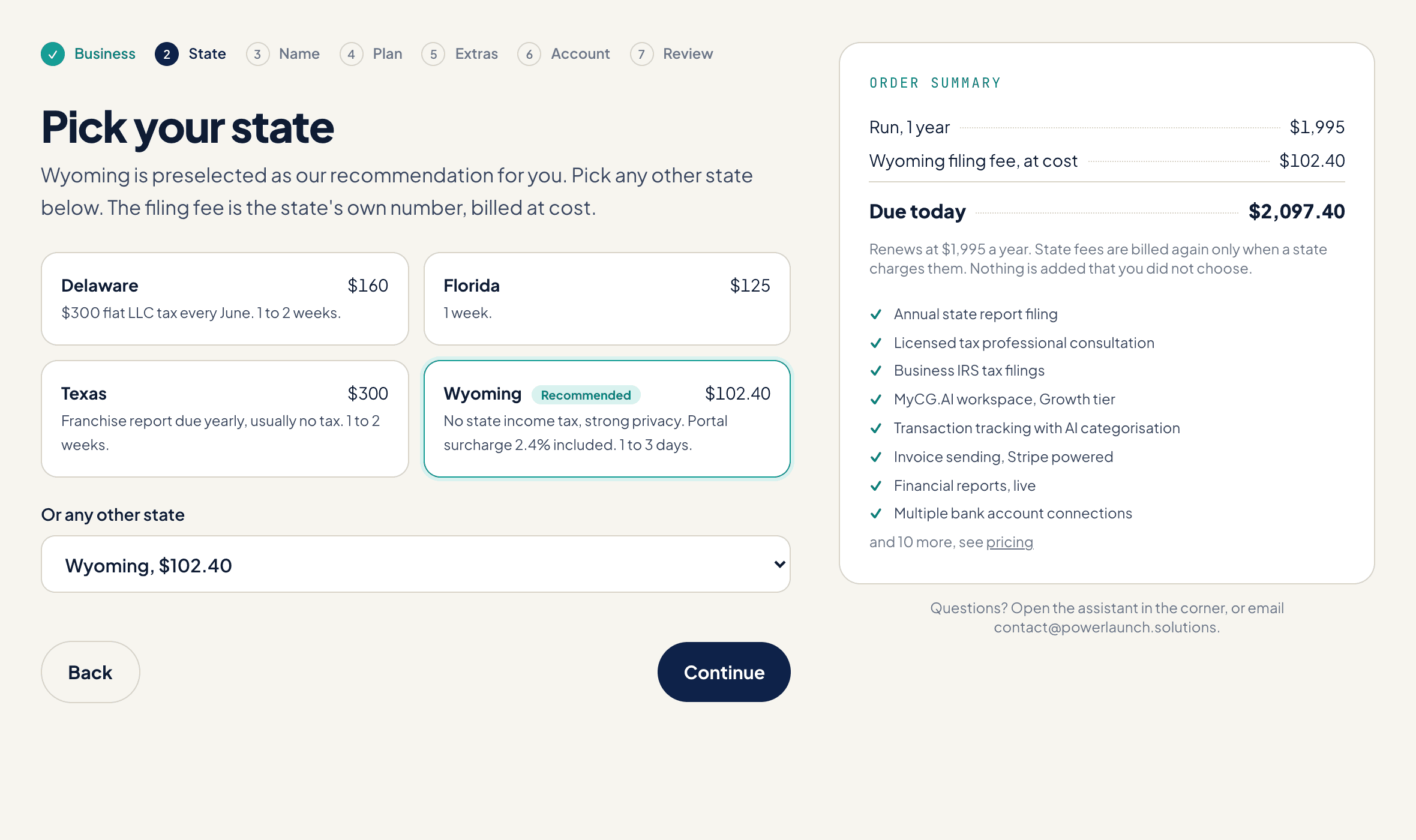 Choosing a state with the fee shown at cost