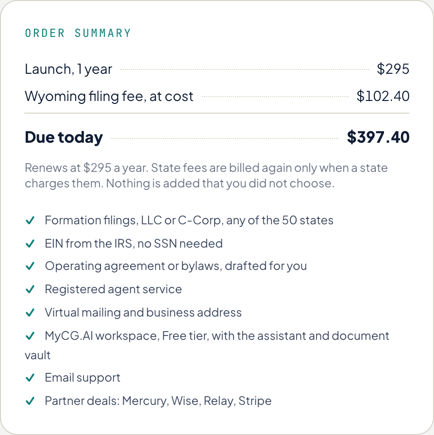 Order summary with the state fee at cost